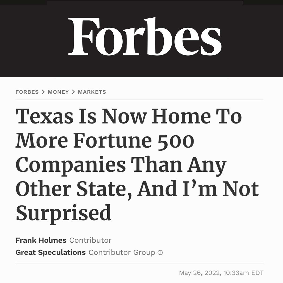 Forbes, Texas is now home to more Fortune 500 companies that any other State